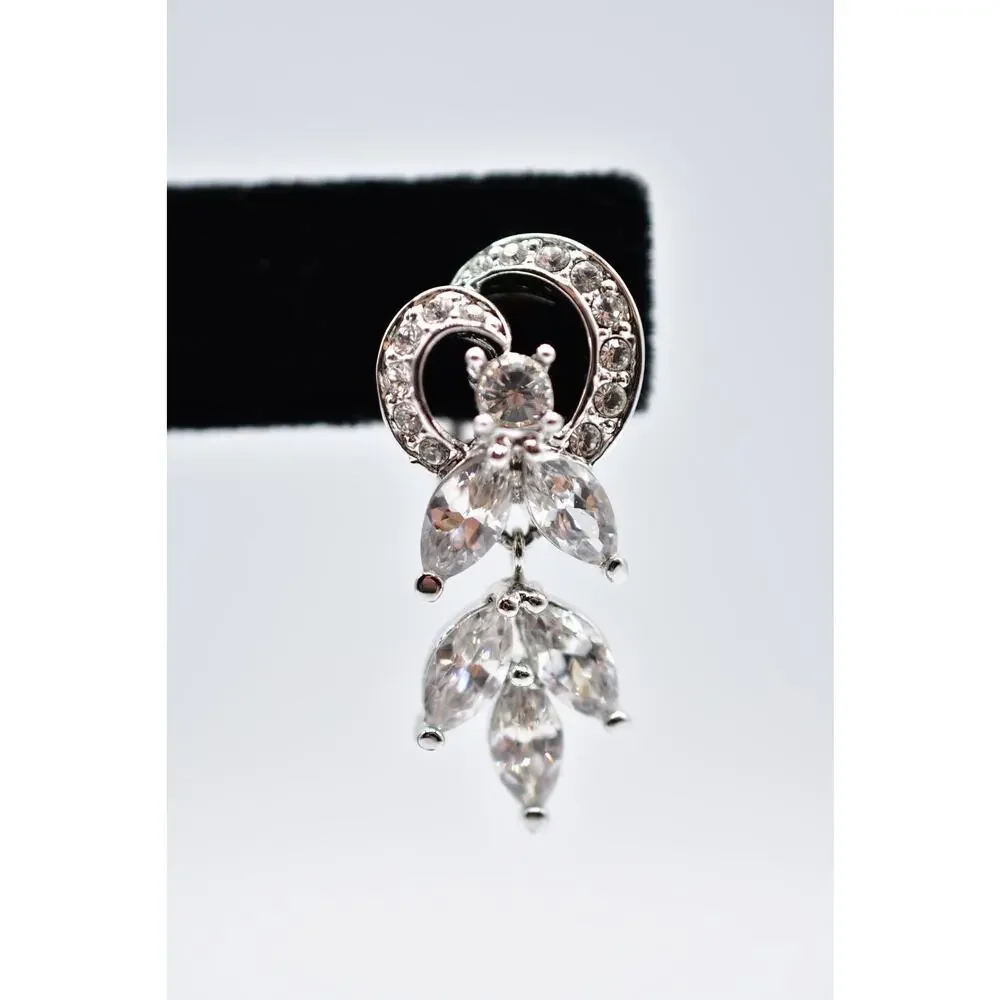 Nolan Miller Vintage Crystal Clip On Earrings Silver Dangle Signed 1990s Bin5